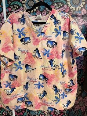 Disney Pink Blue Eeyore & Piglet Scrub Top
